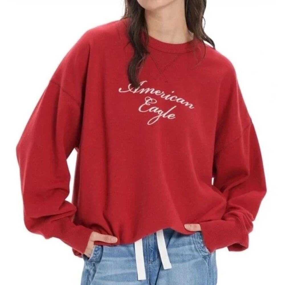 American Eagle Women's Red Oversized Fleece Graphic Crew Neck Sweatshirt Size L
